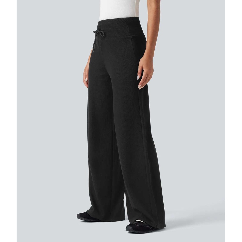 Halara Ribbed Knit Tummy Control Wide Leg Pants Pockets Black NWT XL Petite - Picture 2 of 16